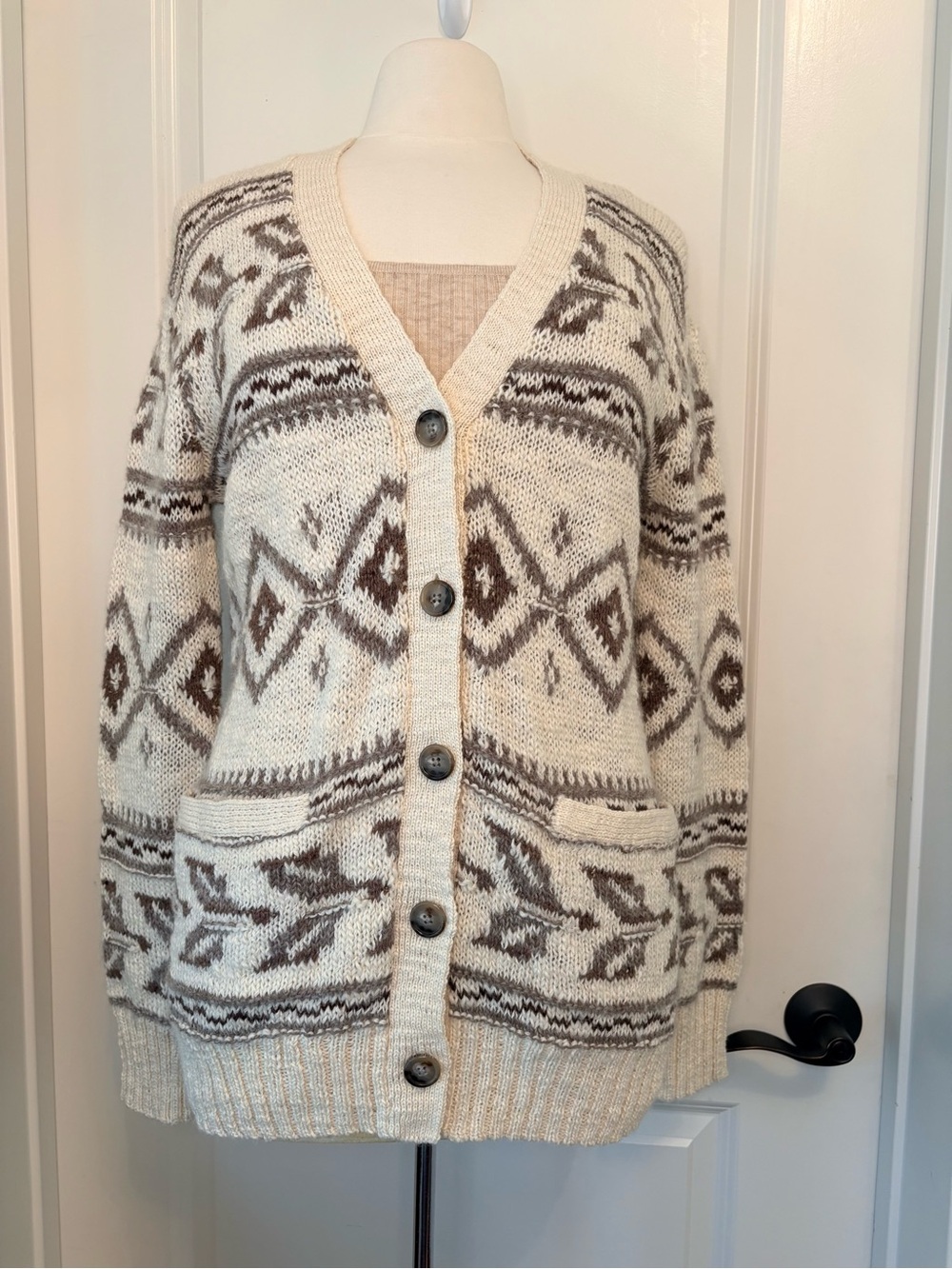 Polo by Ralph Lauren Women's Cream & Brown Fair Isle V-Neck Button Down Cardigan